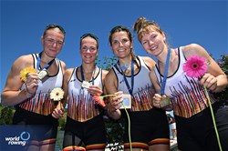 Sarah Wibberenz (b), Frauke Hundeling, Lisa Gutfleisch, Pia Greiten (s), Women's Quadruple Sculls, Germany, Gold, 2025 World Rowing Cup Lucerne, Lucerne, Switzerland / © Detlev Seyb / MyRowingPhoto.com