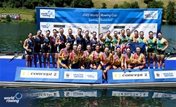 Cristina Druga (b), Roxana Anghel, Iulia-Liliana Balauca, Geanina Dumitrita Juncanariu, Ancuta Bodnar, Maria Lehaci, Adriana Adam, Amalia Beres (s), Victoria Stefania Petreanu (c), Women's Eight, Romania, Gold, Camille Vandermeer (b), Alexandria Vallancey-Martinson, Kaitlyn Kynast, Holly Drapp, Etta Carpender, Azja Czajkowski, Teal Cohen, Kate Knifton (s), Nina Castagna (c), United States of America, Silver, Georgie Gleeson (b), Laura Gourley, Taylor Caudle, Zara Collisson, Emily Sheppard, Ella Bramwell, Sophie Houston, Katherine Easton (s), Hayley Verbunt (c), Australia, Bronze, 2025 World Rowing Cup Lucerne, Lucerne, Switzerland / © Detlev Seyb / MyRowingPhoto.com