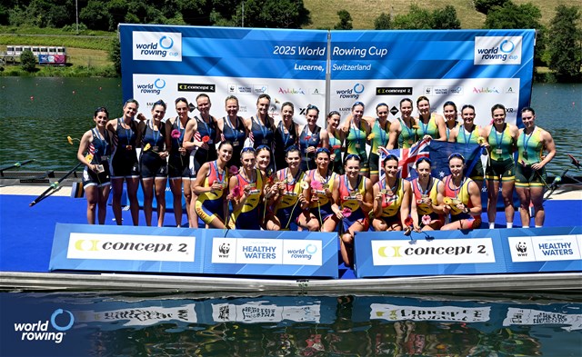 Cristina Druga (b), Roxana Anghel, Iulia-Liliana Balauca, Geanina Dumitrita Juncanariu, Ancuta Bodnar, Maria Lehaci, Adriana Adam, Amalia Beres (s), Victoria Stefania Petreanu (c), Women's Eight, Romania, Gold, Camille Vandermeer (b), Alexandria Vallancey-Martinson, Kaitlyn Kynast, Holly Drapp, Etta Carpender, Azja Czajkowski, Teal Cohen, Kate Knifton (s), Nina Castagna (c), United States of America, Silver, Georgie Gleeson (b), Laura Gourley, Taylor Caudle, Zara Collisson, Emily Sheppard, Ella Bramwell, Sophie Houston, Katherine Easton (s), Hayley Verbunt (c), Australia, Bronze, 2025 World Rowing Cup Lucerne, Lucerne, Switzerland / © Detlev Seyb / MyRowingPhoto.com