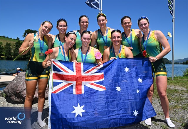 Cristina Druga (b), Roxana Anghel, Iulia-Liliana Balauca, Geanina Dumitrita Juncanariu, Ancuta Bodnar, Maria Lehaci, Adriana Adam, Amalia Beres (s), Victoria Stefania Petreanu (c), Women's Eight, Romania, Gold, 2025 World Rowing Cup Lucerne, Lucerne, Switzerland / © Detlev Seyb / MyRowingPhoto.com