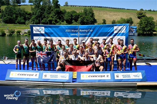 Paul Klapperich (b), Mattes Schoenherr, Benedict Eggeling, Tobias Strangemann, Olaf Roggensack, Julius Christ, Soenke Kruse, Theis Hagemeister (s), Jonas Wiesen (c), Men's Eight, Germany, Gold, Alexander Mcclean (b), Alex Nichol, Jack Robertson, Marcus Emmett, Harry Manton, Angus Widdicombe, Angus Dawson, Patrick Long (s), Nicholas Dunlop (c), Australia, Silver, Mihaita Vasile Tiganescu (b), Laurentiu Danciu, Bogdan Baitoc, Claudiu Neamtu, Dumitru-Alexandru Ciobica, Mugurel Vasile Semciuc,  Constantin Adam, Leontin Nutescu (s), Adrian Munteanu (c), Romania, Bronze, 2025 World Rowing Cup Lucerne, Lucerne, Switzerland / © Detlev Seyb / MyRowingPhoto.com