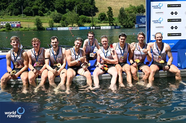 Paul Klapperich (b), Mattes Schoenherr, Benedict Eggeling, Tobias Strangemann, Olaf Roggensack, Julius Christ, Soenke Kruse, Theis Hagemeister (s), Jonas Wiesen (c), Men's Eight, Germany, Gold, 2025 World Rowing Cup Lucerne, Lucerne, Switzerland / © Detlev Seyb / MyRowingPhoto.com