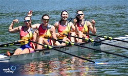 Iuliana Buhus (b), Emanuela-Ioana Ciotau, Alexandra Ungureanu, Patricia Cires (s), Women's Quadruple Sculls, Romania, Silver, 2025 World Rowing Cup Lucerne, Lucerne, Switzerland / © Detlev Seyb / MyRowingPhoto.com