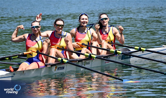 Iuliana Buhus (b), Emanuela-Ioana Ciotau, Alexandra Ungureanu, Patricia Cires (s), Women's Quadruple Sculls, Romania, Silver, 2025 World Rowing Cup Lucerne, Lucerne, Switzerland / © Detlev Seyb / MyRowingPhoto.com