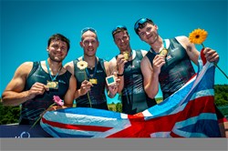 Cedol Dafydd (b), Callum Dixon, Matthew Haywood, Rory Harris (s), Men's Quadruple Sculls, Great Britain, Gold, 2025 World Rowing Cup Lucerne, Lucerne, Switzerland / © World Rowing / Benedict Tufnell