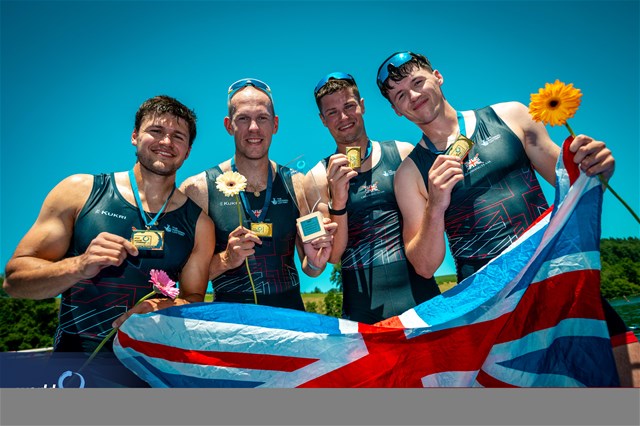 Cedol Dafydd (b), Callum Dixon, Matthew Haywood, Rory Harris (s), Men's Quadruple Sculls, Great Britain, Gold, 2025 World Rowing Cup Lucerne, Lucerne, Switzerland / © World Rowing / Benedict Tufnell