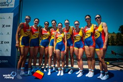 Cristina Druga (b), Roxana Anghel, Iulia-Liliana Balauca, Geanina Dumitrita Juncanariu, Ancuta Bodnar, Maria Lehaci, Adriana Adam, Amalia Beres (s), Victoria Stefania Petreanu (c), Women's Eight, Romania, Gold, 2025 World Rowing Cup Lucerne, Lucerne, Switzerland / © World Rowing / Benedict Tufnell