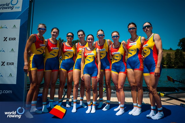 Cristina Druga (b), Roxana Anghel, Iulia-Liliana Balauca, Geanina Dumitrita Juncanariu, Ancuta Bodnar, Maria Lehaci, Adriana Adam, Amalia Beres (s), Victoria Stefania Petreanu (c), Women's Eight, Romania, Gold, 2025 World Rowing Cup Lucerne, Lucerne, Switzerland / © World Rowing / Benedict Tufnell
