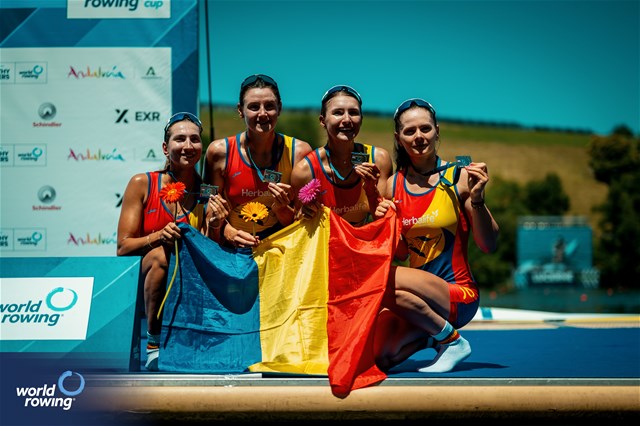 Iuliana Buhus (b), Emanuela-Ioana Ciotau, Alexandra Ungureanu, Patricia Cires (s), Women's Quadruple Sculls, Romania, Silver, 2025 World Rowing Cup Lucerne, Lucerne, Switzerland / © World Rowing / Benedict Tufnell