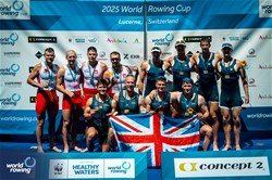 Cedol Dafydd (b), Callum Dixon, Matthew Haywood, Rory Harris (s), Men's Quadruple Sculls, Great Britain, Gold, Dominik Czaja (b), Cezary Litka, Miroslaw Zietarski, Mateusz Biskup (s), Poland, Silver, Andrew Leroux (b), Jacob Plihal, Cedar Cunningham, Chris Carlson (s), United States of America, Bronze, 2025 World Rowing Cup Lucerne, Lucerne, Switzerland / © World Rowing / Benedict Tufnell