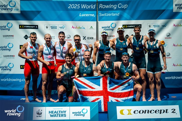 Cedol Dafydd (b), Callum Dixon, Matthew Haywood, Rory Harris (s), Men's Quadruple Sculls, Great Britain, Gold, Dominik Czaja (b), Cezary Litka, Miroslaw Zietarski, Mateusz Biskup (s), Poland, Silver, Andrew Leroux (b), Jacob Plihal, Cedar Cunningham, Chris Carlson (s), United States of America, Bronze, 2025 World Rowing Cup Lucerne, Lucerne, Switzerland / © World Rowing / Benedict Tufnell