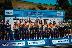 Cristina Druga (b), Roxana Anghel, Iulia-Liliana Balauca, Geanina Dumitrita Juncanariu, Ancuta Bodnar, Maria Lehaci, Adriana Adam, Amalia Beres (s), Victoria Stefania Petreanu (c), Women's Eight, Romania, Gold, 2025 World Rowing Cup Lucerne, Lucerne, Switzerland / © World Rowing / Benedict Tufnell