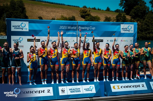 Cristina Druga (b), Roxana Anghel, Iulia-Liliana Balauca, Geanina Dumitrita Juncanariu, Ancuta Bodnar, Maria Lehaci, Adriana Adam, Amalia Beres (s), Victoria Stefania Petreanu (c), Women's Eight, Romania, Gold, 2025 World Rowing Cup Lucerne, Lucerne, Switzerland / © World Rowing / Benedict Tufnell