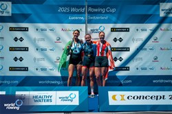 Lauren Henry, Women's Single Sculls, Great Britain, Gold, Fiona Murtagh, Ireland, Silver, Frida Sanggaard Nielsen, Denmark, Bronze, 2025 World Rowing Cup Lucerne, Lucerne, Switzerland / © World Rowing / Benedict Tufnell