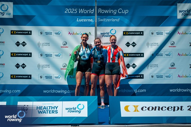 Lauren Henry, Women's Single Sculls, Great Britain, Gold, Fiona Murtagh, Ireland, Silver, Frida Sanggaard Nielsen, Denmark, Bronze, 2025 World Rowing Cup Lucerne, Lucerne, Switzerland / © World Rowing / Benedict Tufnell