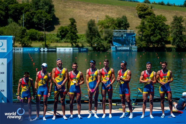 Mihaita Vasile Tiganescu (b), Laurentiu Danciu, Bogdan Baitoc, Claudiu Neamtu, Dumitru-Alexandru Ciobica, Mugurel Vasile Semciuc,  Constantin Adam, Leontin Nutescu (s), Adrian Munteanu (c), Men's Eight, Romania, Bronze, 2025 World Rowing Cup Lucerne, Lucerne, Switzerland / © World Rowing / Benedict Tufnell