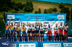 Sarah Wibberenz (b), Frauke Hundeling, Lisa Gutfleisch, Pia Greiten (s), Women's Quadruple Sculls, Germany, Gold, Iuliana Buhus (b), Emanuela-Ioana Ciotau, Alexandra Ungureanu, Patricia Cires (s), Romania, Silver, Julia Rogiewicz (b), Anna Khlibenko, Zuzanna Lesner, Barbara Jechorek (s), Poland, Bronze, 2025 World Rowing Cup Lucerne, Lucerne, Switzerland / © World Rowing / Benedict Tufnell