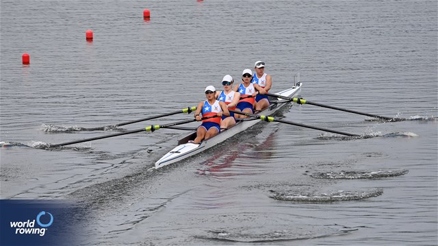 Emilia Liewald (b), Emilia Rosas, Emily-Louise Serandour, Camila Constanza Cofre Lopez (s), Under 23 Women's Four, Chile, 2025 World Rowing Under 23 Championships, Poznan, Poland / © Detlev Seyb / MyRowingPhoto.com