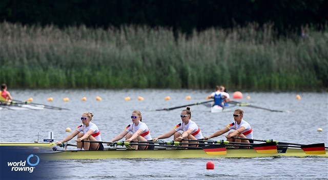 Lanea Estelle Rueter (b), Lena Gresens, Charlotte Luster, Paula Lutz (s), Under 23 Women's Quadruple Sculls, Germany, 2025 World Rowing Under 23 Championships, Poznan, Poland / © Detlev Seyb / MyRowingPhoto.com