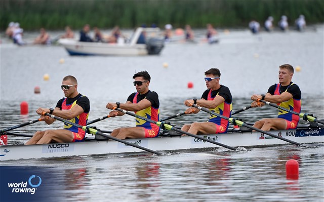 Bogdan Murariu (b), Constantin Emanuele Sterea, Andrei-Petrisor Axintoi, Andrei Hemen (s), Under 23 Men's Quadruple Sculls, Romania, 2025 World Rowing Under 23 Championships, Poznan, Poland / © Detlev Seyb / MyRowingPhoto.com