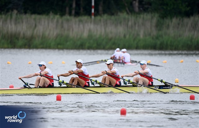 Nicolas Berger (b), Donat Vonder Muehll, Shamall Suero Santana, Gian Luca Egli (s), Under 23 Men's Quadruple Sculls, Switzerland, 2025 World Rowing Under 23 Championships, Poznan, Poland / © Detlev Seyb / MyRowingPhoto.com