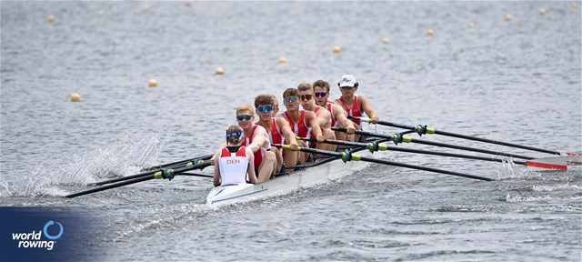 Joshua Mingo (b), Leander Kaliszan, Elias Ellehammer, Tobias Holt Poulsen, Esben Friis Thanning, Nikolaj Kragh Simonsen, Simon Madsen, Tobias Kramer Bosnes (s), Andrea Lindskov (c), Under 23 Men's Eight, Denmark, 2025 World Rowing Under 23 Championships, Poznan, Poland / © Detlev Seyb / MyRowingPhoto.com