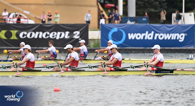 Nicolas Berger (b), Donat Vonder Muehll, Shamall Suero Santana, Gian Luca Egli (s), Under 23 Men's Quadruple Sculls, Switzerland, 2025 World Rowing Under 23 Championships, Poznan, Poland / © Detlev Seyb / MyRowingPhoto.com
