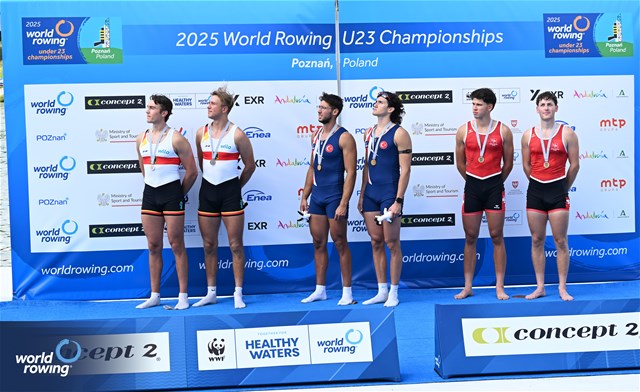 Aytimur Selcuk (b), Enes Biber (s), Under 23 Men's Pair, Turkiye, Gold, Vinzent Kuhn (b), Leonardo Rosenquist (s), Germany, Silver, Seric Critchley (b), Nicolas Chambers (s), Switzerland, Bronze, 2025 World Rowing Under 23 Championships, Poznan, Poland / © Detlev Seyb / MyRowingPhoto.com