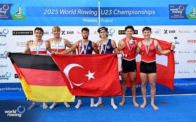 Aytimur Selcuk (b), Enes Biber (s), Under 23 Men's Pair, Turkiye, Gold, Vinzent Kuhn (b), Leonardo Rosenquist (s), Germany, Silver, Seric Critchley (b), Nicolas Chambers (s), Switzerland, Bronze, 2025 World Rowing Under 23 Championships, Poznan, Poland / © Detlev Seyb / MyRowingPhoto.com