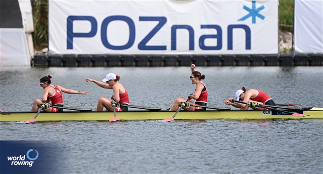 Zoe Heer (b), Seraina Stirnimann, Lotta Plock, Flurina Parrillo (s), Under 23 Women's Quadruple Sculls, Switzerland, 2025 World Rowing Under 23 Championships, Poznan, Poland / © Detlev Seyb / MyRowingPhoto.com