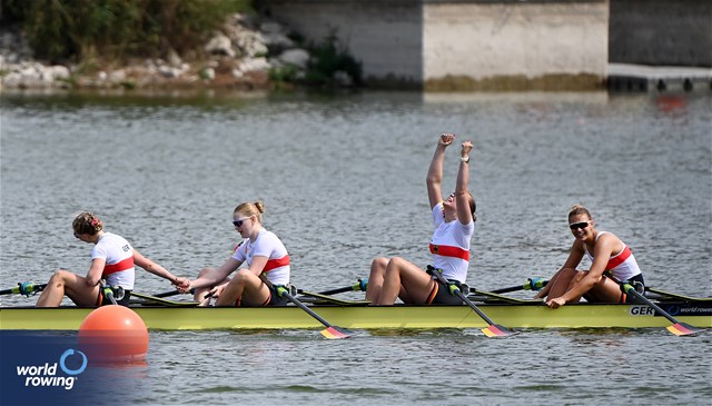 Lanea Estelle Rueter (b), Lena Gresens, Charlotte Luster, Paula Lutz (s), Under 23 Women's Quadruple Sculls, Germany, 2025 World Rowing Under 23 Championships, Poznan, Poland / © Detlev Seyb / MyRowingPhoto.com