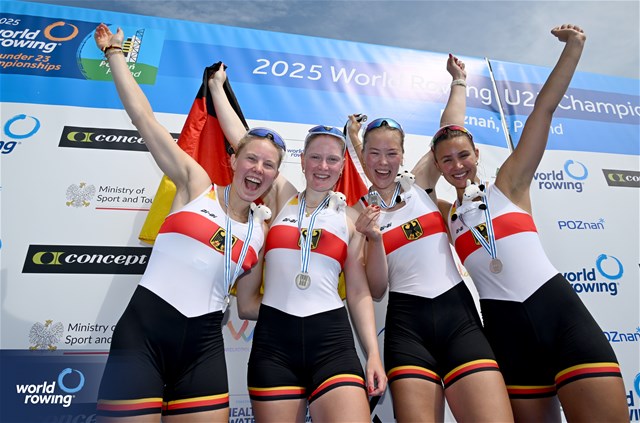 Lanea Estelle Rueter (b), Lena Gresens, Charlotte Luster, Paula Lutz (s), Under 23 Women's Quadruple Sculls, Germany, Silver, 2025 World Rowing Under 23 Championships, Poznan, Poland / © Detlev Seyb / MyRowingPhoto.com