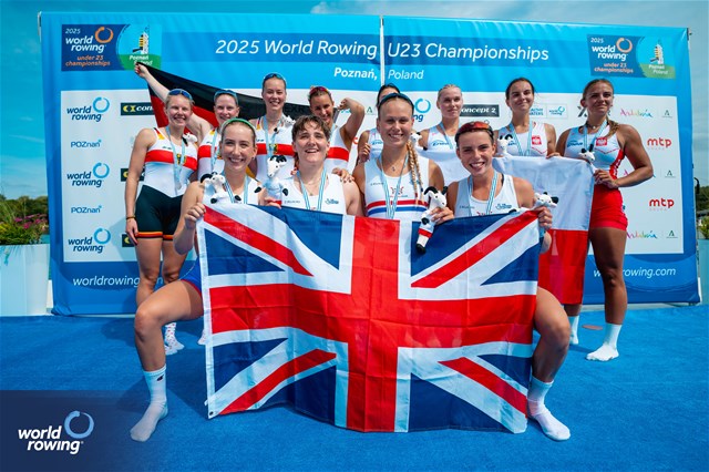 Olivia Cheesmur (b), Poppy Baker, Finnola Stratton, Ellie Cooke (s), Under 23 Women's Quadruple Sculls, Great Britain, Gold, Lanea Estelle Rueter (b), Lena Gresens, Charlotte Luster, Paula Lutz (s), Germany, Silver, Kinga Kusiowska (b), Barbara Stepien, Rozalia Linowska, Gabriela Stefaniak (s), Poland, Bronze, 2025 World Rowing Under 23 Championships, Poznan, Poland / © World Rowing / Benedict Tufnell