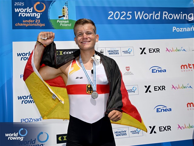Oliver Holtz, Under 23 Men's Single Sculls, Germany, Silver, 2025 World Rowing Under 23 Championships, Poznan, Poland / © Detlev Seyb / MyRowingPhoto.com