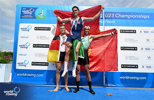 Cevdet Ege Mutlu, Under 23 Men's Single Sculls, Turkiye, Gold, Oliver Holtz, Germany, Silver, Diogo Goncalves, Portugal, Bronze, 2025 World Rowing Under 23 Championships, Poznan, Poland / © Detlev Seyb / MyRowingPhoto.com