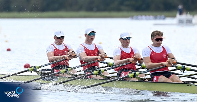 Constantin Feuerstein (b), Moritz Petry, Matteo Mueller, Gabriel Hars (s), Under 19 Men's Quadruple Sculls, Switzerland, 2025 World Rowing Under 19 Championships, Trakai, Lithuania / © Detlev Seyb / MyRowingPhoto.com