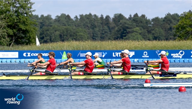 Constantin Feuerstein (b), Moritz Petry, Matteo Mueller, Gabriel Hars (s), Under 19 Men's Quadruple Sculls, Switzerland, 2025 World Rowing Under 19 Championships, Trakai, Lithuania / © Detlev Seyb / MyRowingPhoto.com