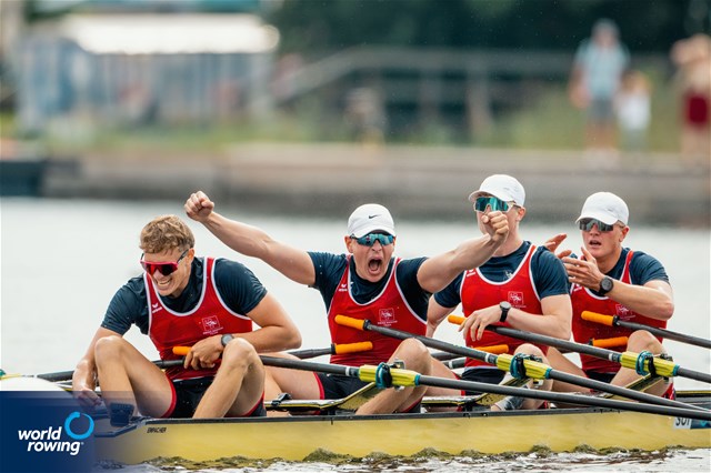 Constantin Feuerstein (b), Moritz Petry, Matteo Mueller, Gabriel Hars (s), Under 19 Men's Quadruple Sculls, Switzerland, 2025 World Rowing Under 19 Championships, Trakai, Lithuania / © World Rowing / Benedict Tufnell