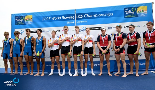 Miklas Scheer (b), Till Schoening, Oskar Mueller, Florian Schulze (s), Under 19 Men's Quadruple Sculls, Germany, Gold, Elia Bressan (b), Pietro Zampaglione, Eduardo Moschella Primicerio, Leonardo Bellomo (s), Italy, Silver, Constantin Feuerstein (b), Moritz Petry, Matteo Mueller, Gabriel Hars (s), Switzerland, Bronze, 2025 World Rowing Under 19 Championships, Trakai, Lithuania / © Detlev Seyb / MyRowingPhoto.com
