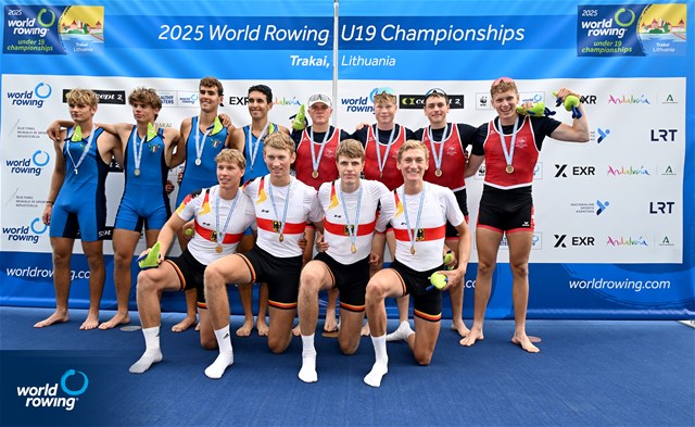 Miklas Scheer (b), Till Schoening, Oskar Mueller, Florian Schulze (s), Under 19 Men's Quadruple Sculls, Germany, Gold, Elia Bressan (b), Pietro Zampaglione, Eduardo Moschella Primicerio, Leonardo Bellomo (s), Italy, Silver, Constantin Feuerstein (b), Moritz Petry, Matteo Mueller, Gabriel Hars (s), Switzerland, Bronze, 2025 World Rowing Under 19 Championships, Trakai, Lithuania / © Detlev Seyb / MyRowingPhoto.com