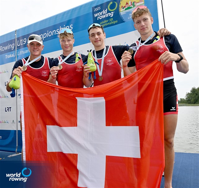Constantin Feuerstein (b), Moritz Petry, Matteo Mueller, Gabriel Hars (s), Under 19 Men's Quadruple Sculls, Switzerland, Bronze, 2025 World Rowing Under 19 Championships, Trakai, Lithuania / © Detlev Seyb / MyRowingPhoto.com
