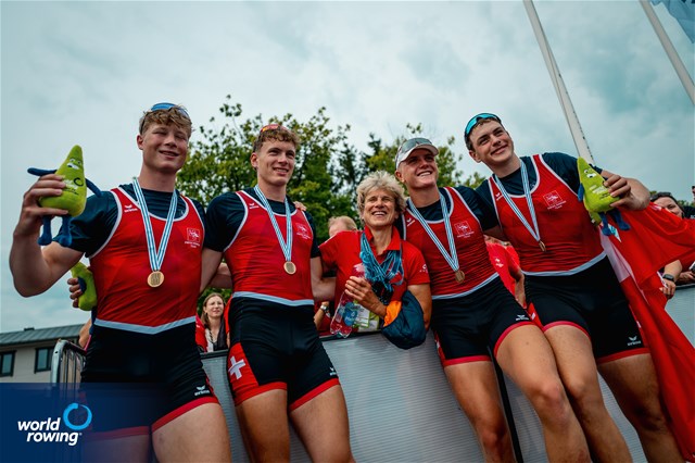 Constantin Feuerstein (b), Moritz Petry, Matteo Mueller, Gabriel Hars (s), Under 19 Men's Quadruple Sculls, Switzerland, Bronze, 2025 World Rowing Under 19 Championships, Trakai, Lithuania / © World Rowing / Benedict Tufnell