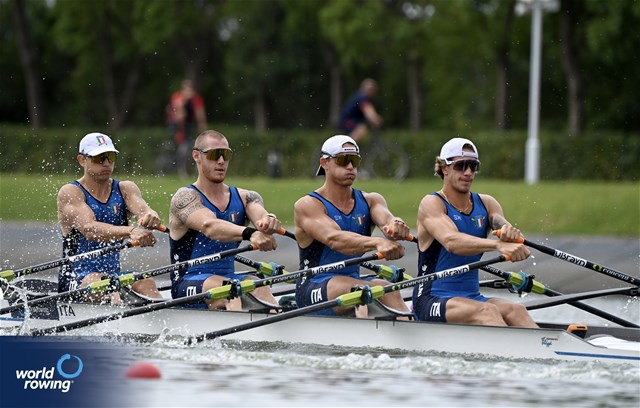 Luca Chiumento (b), Luca Rambaldi, Andrea Panizza, Giacomo Gentili (s), Men's Quadruple Sculls, Italy, 2025 World Rowing Championships, Shanghai, China / © Detlev Seyb / MyRowingPhoto.com
