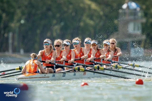 Linn Van Aanholt (b), Nika Johanna Vos, Lisanne Van Der Lelij, Vera Sneijders, Hermijntje Drenth, Ilse Kolkman, Ymkje Clevering, Tinka Offereins (s), Dieuwke Fetter (c), Women's Eight, Netherlands, 2025 World Rowing Championships, Shanghai, China / © World Rowing / Benedict Tufnell