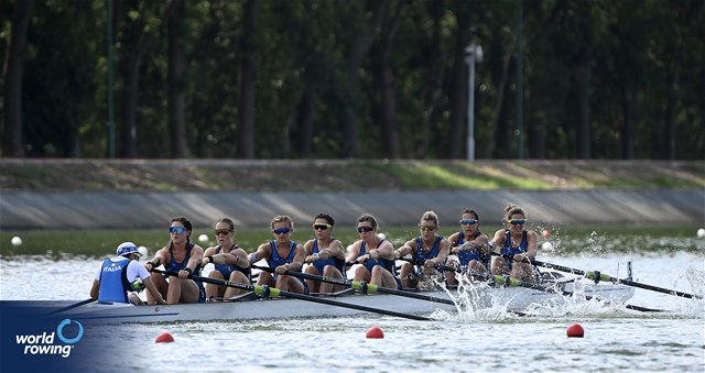 Stefania Gobbi (b), Giorgia Pelacchi, Clara Guerra, Kiri English-Hawke, Silvia Terrazzi, Aisha Rocek, Elisa Mondelli, Veronica Bumbaca (s), Emanuele Capponi (c), Women's Eight, Italy, 2025 World Rowing Championships, Shanghai, China / © Detlev Seyb / MyRowingPhoto.com