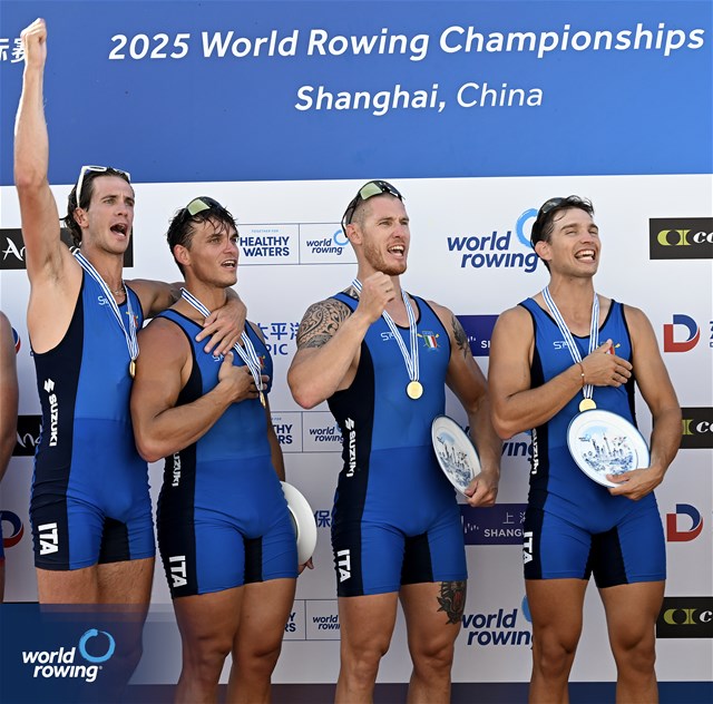 Luca Chiumento (b), Luca Rambaldi, Andrea Panizza, Giacomo Gentili (s), Men's Quadruple Sculls, Italy, gold, 2025 World Rowing Championships, Shanghai, China / © Detlev Seyb / MyRowingPhoto.com
