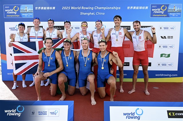 Luca Chiumento (b), Luca Rambaldi, Andrea Panizza, Giacomo Gentili (s), Italy, gold, Cedol Dafydd (b), Callum Dixon, Matthew Haywood, Rory Harris (s), Great Britain, silver, Dominik Czaja (b), Piotr Plominski, Jakub Wozniak, Konrad Domanski (s), Poland, bronze, Mens Quadruple Sculls, 2025 World Rowing Championships, Shanghai, China / © Detlev Seyb / MyRowingPhoto.com