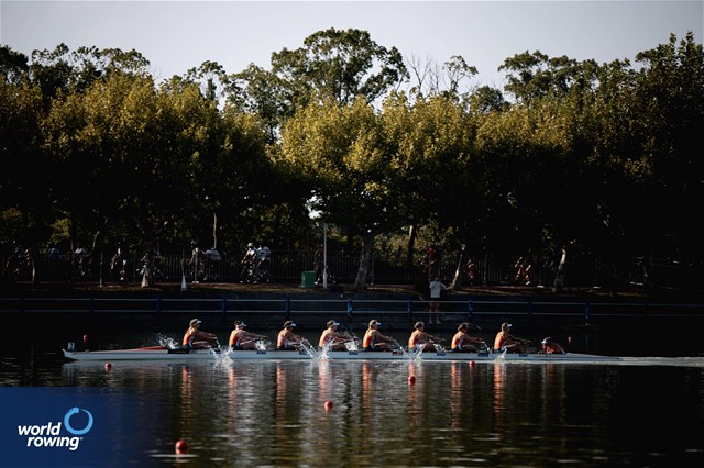 Linn Van Aanholt (b), Nika Johanna Vos, Lisanne Van Der Lelij, Vera Sneijders, Hermijntje Drenth, Ilse Kolkman, Ymkje Clevering, Tinka Offereins (s), Dieuwke Fetter (c), Women's Eight, Netherlands, 2025 World Rowing Championships, Shanghai, China / © World Rowing / Benedict Tufnell