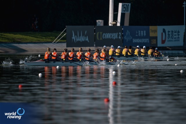 Linn Van Aanholt (b), Nika Johanna Vos, Lisanne Van Der Lelij, Vera Sneijders, Hermijntje Drenth, Ilse Kolkman, Ymkje Clevering, Tinka Offereins (s), Dieuwke Fetter (c), Women's Eight, Netherlands, 2025 World Rowing Championships, Shanghai, China / © World Rowing / Benedict Tufnell