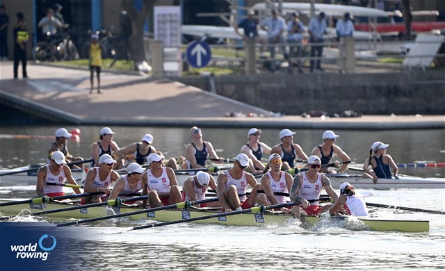 Tomasz Lewicki (b), Kazmir Ziven Kujda, Szymon Tomiak, Mateusz Wilangowski, Jerzy Kaczmarek, Michal Szpakowski, Emilian Jackowiak, Oskar Streich (s), Magdalena Ladna (c), Men's Eight, Poland, 2025 World Rowing Championships, Shanghai, China / © Detlev Seyb / MyRowingPhoto.com